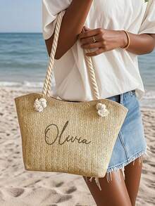 Personalized Woven Straw Beach Bag Custom Letter Tote Large Capacity Summer Vacation Shoulder Bag Travel Handbag Gift For Women Bridesmaid Girlfriend - Multicolor - View 3