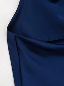 Spring/Summer Solid Color Satin Halter Neck Backless Top - Navy Blue - View 9