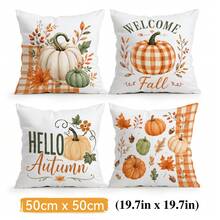 4 piezas Fundas de almohada con patrón de calabaza de otoño a cuadros naranjas sin rellenos, fundas de almohada impresas en un solo lado, adecuadas para sala de estar, dormitorio, decoración del hogar, fundas de almohada para todas las estaciones - Multicolor - Ver 13