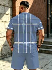 Set de 2 piezas Talla grande GRANDE y ALTA Parte superior con estampado a cuadros azul claro y blanco + Shorts a juego, Estilo casual de calle estadounidense Conjunto retro a cuadros de verano deportivo - Azul - Ver 2