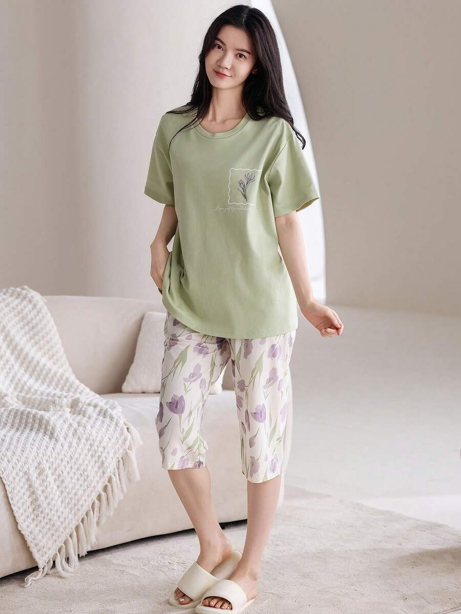 AICJ 2 件套女士和女孩休闲简约可爱卡通猫和字母印花粉色上衣、七分裤短裤或睡裤、春夏居家派对度假睡衣家居服 - 綠色 - 查看 1