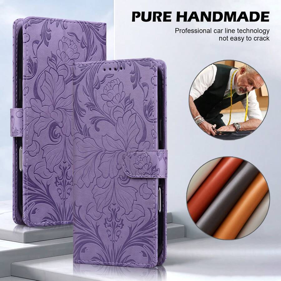 Leather Floral Elements Flip Phone Cases Floral Print PU Leather Wallet Phone Case, Bifold Edge Design With Card Slots And Strap, Comprehensive Protection For Various Smartphone Models, International Version, Not The Domestic Version Spring - Purple - View 1