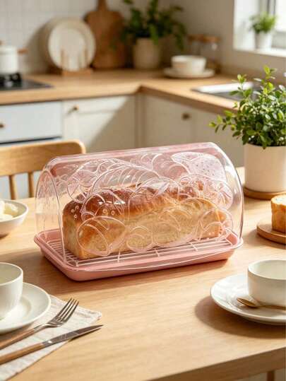 Transparent Lidded Bread Storage Box In 2 Sizes & Multi Colors. Ventilated Draining Dividers Resist Moisture, Block Dust, Keep Bread/Pastries Fresh And Tidy On Countertop