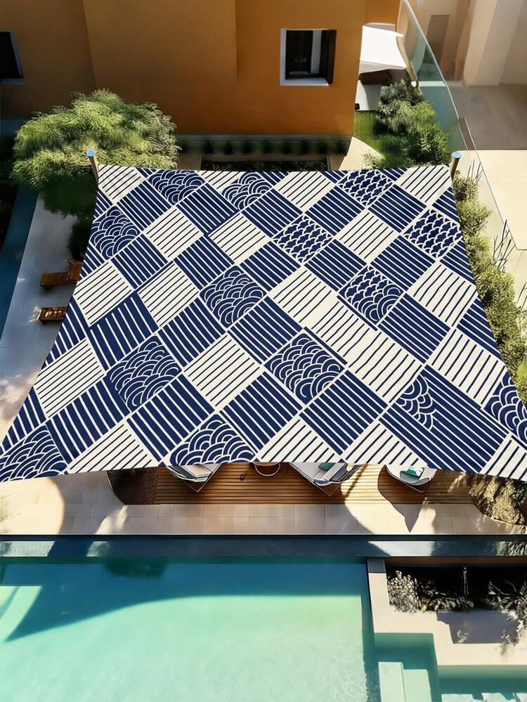 1PC Outdoor Sunshade Canopy With Colorful Checkered Pattern, Outdoor Patio Cover Can Block The Sunlight, Suitable For For Camping Beach Poolside Backyard Gardens Decoration, 2D Flat Printed Pattern, Come With Four Ropes And Nails, No Support Rod - Champagne - View 7