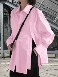 Solid Color Front Button Shirt, Casual Long Sleeve Blouse For Women, Suitable For Daily Wear, Spring, Summer, Autumn - Baby Pink - View 1