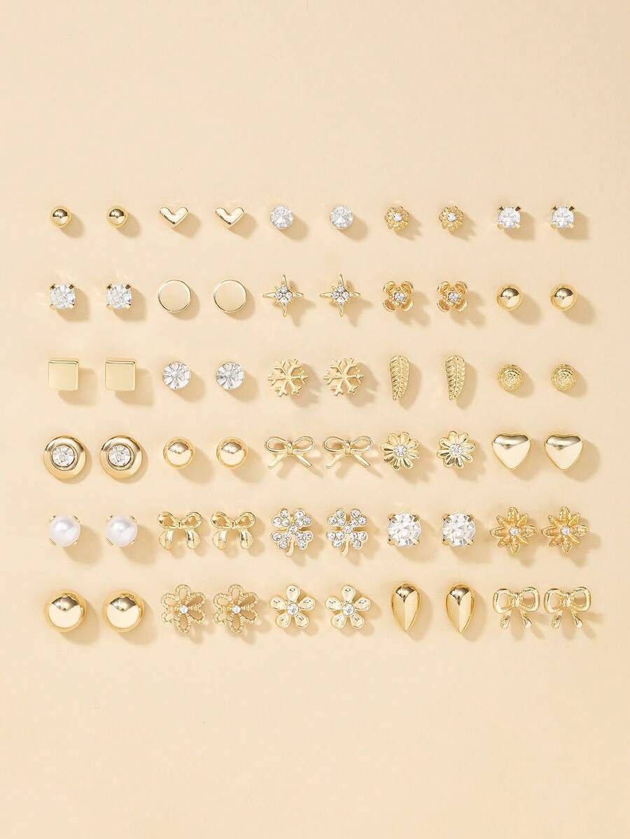 30 Pairs Women Metal Tree, Shell, Pearl, Heart Shaped Earrings Set, Gift - Yellow Gold - View 1