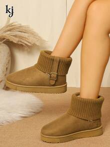 Women's Warm Fleece Short Snow Boots, Ribbed Knit Cuff With Metal Buckle Decor, Non-Slip Ankle-High Boots, Winter Casual Outdoor Walking Mid-Calf Boots - Brown - View 10