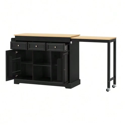 Kitchen Island On Wheels, Extendable Dining Kitchen Island With Spice Rack And Drawers, Mobile Freestanding Kitchen Island, Ideal For Kitchen And Dining Room (White) - Black - View 1