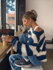 Women's Loose Round Neck Striped Knit Acrylic Hollow Out Chunky Knit Blue & White Colorblock Drop Shoulder Long Sleeve Casual Lazy Pullover Top, Autumn Outing Party Daily Versatile Flattering Slimming Niche Aesthetic Base Layer Sweater - Blue and White - View 7