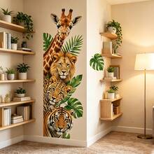 1/3/5pcs Vertical Jungle Animal Wall Decals, Giraffe Lion Tiger Leopard Tropical Monstera Leaf Print, Self-Adhesive Removable Vinyl Wall Mural For Living Room Bedroom Kids Room Decor - Animal Stickers - View 3