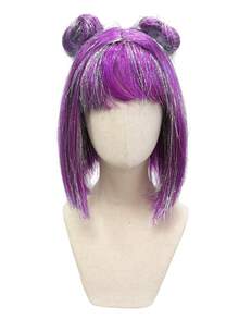 Neon Green Purple Silver Space Bun Wig, Smooth Straight Hair With Bangs, Breathable Adjustable Cap, Suitable For Colorful Party, Nightclub Photo Shoot, Cute Women's Styling Set - Multicolor - View 14