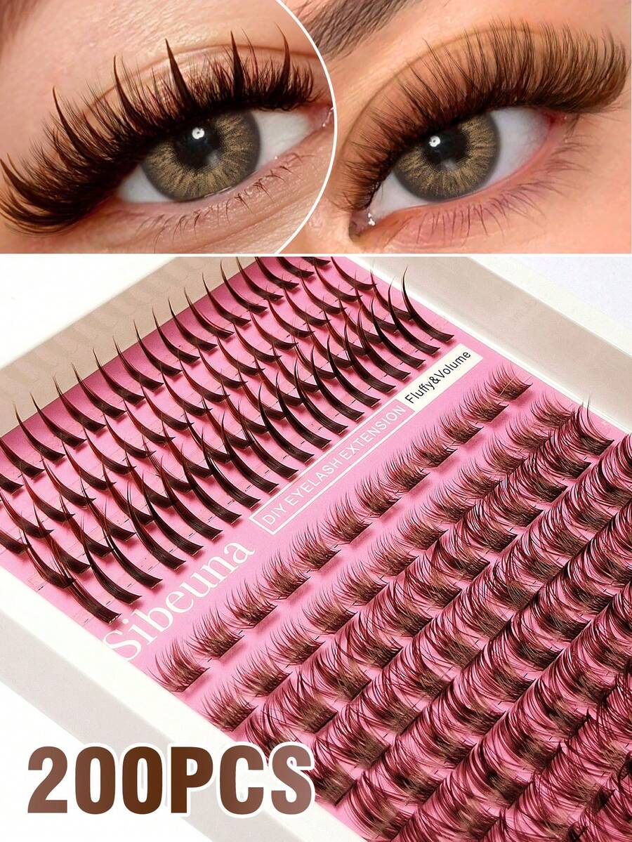 200PCS D Curl 2-In-1 Brown Fluffy Lash Clusters With Spiky, 8-16mm ...