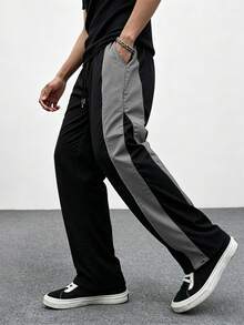 Men's Colorblock Patchwork Wide Leg Sweatpants, All-Season Elastic Waist Drawstring Windproof Pants, Loose Silhouette Streetwear Style, Adjustable Cuffs - Black - View 3