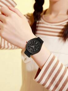 1pc Women's Silicone Strap Casual Versatile Personalized Style Quartz Watch Suitable For Daily Wear - Black - View 8