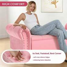 Storage Bench 133cm, Velvet Fabric Storage Box, Indoor Footstool, Bed Bench, Storage Chest With Armrests For Living Room, Bedroom, Hallway - Pink - View 3