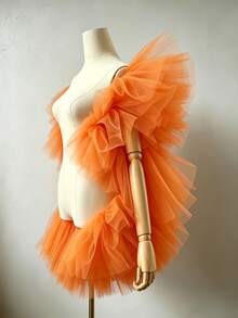 1 pc Selendang Bahu Tulle Ruffle Oranye Bulu Halus Jaring Pengantin Gaya Fairycore Jubah Pernyataan untuk Pesta Pernikahan Festival Panggung dan Pemotretan - Burnt Orange - View 9
