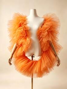 1 pc Selendang Bahu Tulle Ruffle Oranye Bulu Halus Jaring Pengantin Gaya Fairycore Jubah Pernyataan untuk Pesta Pernikahan Festival Panggung dan Pemotretan - Burnt Orange - View 5