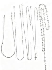 Set Kalung Perak Berlapis Mutiara Salib Berlian Imitasi Bentuk Y Gaya Kasual Keren 5pcs/Set, Cocok untuk Perjalanan Sehari-hari dan Liburan Wanita, Hadiah - Perak - View 2