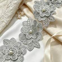 10入組花卉刺繡蕾絲飾邊，含珍珠3D花朵蕾絲飾邊與緞面絲帶，婚紗手工DIY縫製手工藝裝飾用品 - A - 查看 4