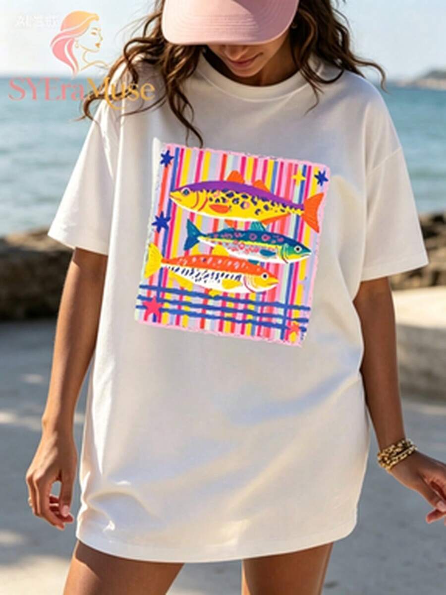 Women's Loose Fit"Leopard Zebra Pattern Fish"Printing T Shirt,Bohemian Lakeside Fishing Summer Aesthetics,Autumn Outfits,Suitable For Concerts,Vacatio - 白色 4 - 查看 1