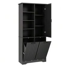 78 X 35 X 172 Cm Bathroom Cabinet, Moisture-Resistant Paint, Full Coating, Double Laundry Basket, Four Open Compartments, One Door, Three Compartments In The Door, Adjustable Shelves, Ample Storage Space, White - Black - View 6