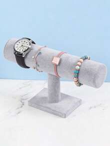 1pc Elegant Velvet T-Shaped Bracelet Display Stand - Desktop Jewelry Rack, Multi-Functional Desktop Accessory Organizer, Sturdy Plastic Base, Suitable For Necklace, Bracelet And Watch Storage - Grey - View 4