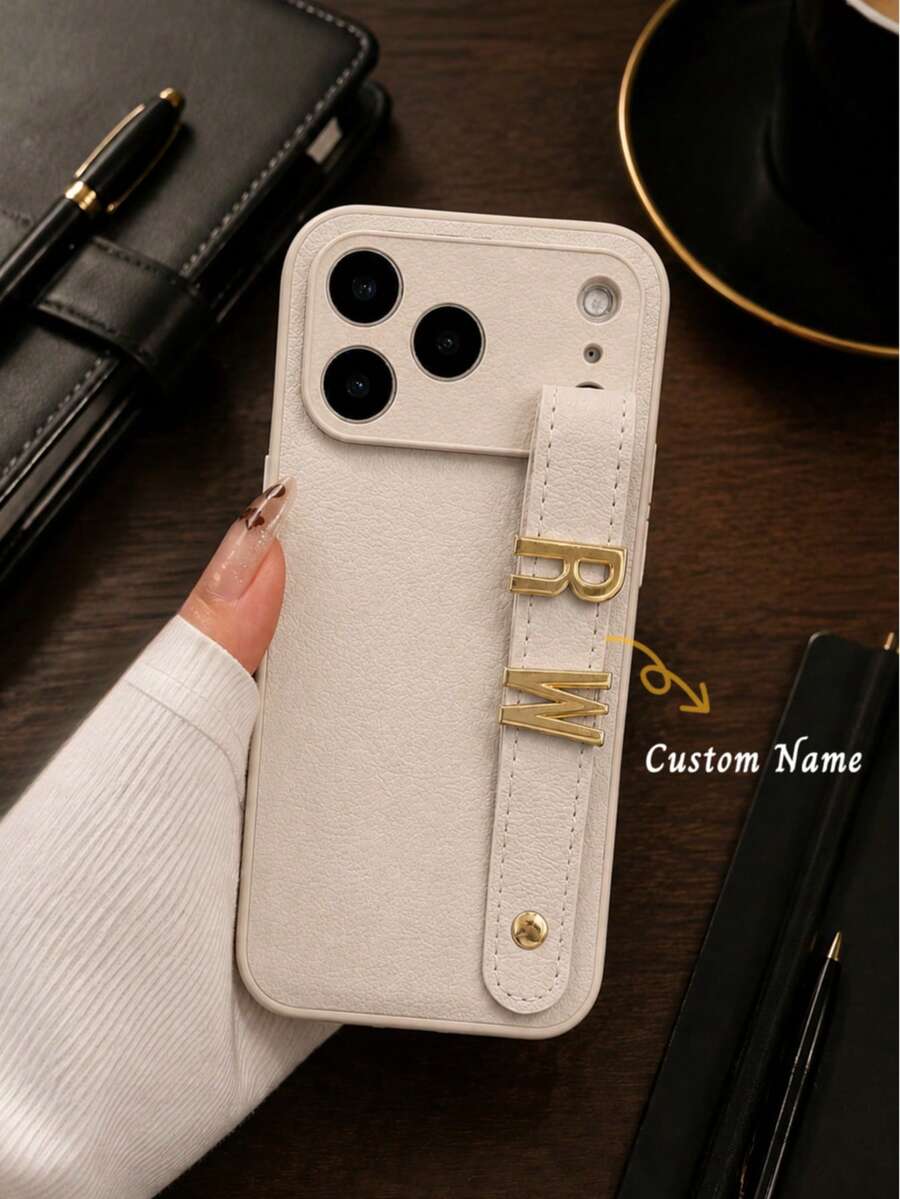 客製化奢華荔枝紋人造皮革手機殼，可客製字母姓名，適用 Apple 17 16 15 14 13 12 11 Pro Max 16 Plus 17 Air - 白色 - 查看 1