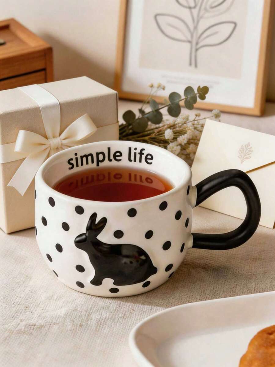 韓系Ins波點兔子陶瓷咖啡杯,可愛浮雕兔茶杯簡約生活設計,黑白美學飲具女用,微波爐適用,辦公室、居家及咖啡愛好者生日完美禮物 - 彩色 - 查看 1