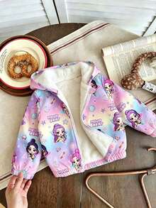 Baby Girl Cartoon Print Warm Hooded Jacket - Purple - View 1