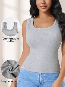 CELILIN Camiseta sin mangas de tirantes anchos que no se clavan, cuello cuadrado, cintura acanalada con almohadillas incorporadas, capa base versátil y estilizada - Gris - Ver 2