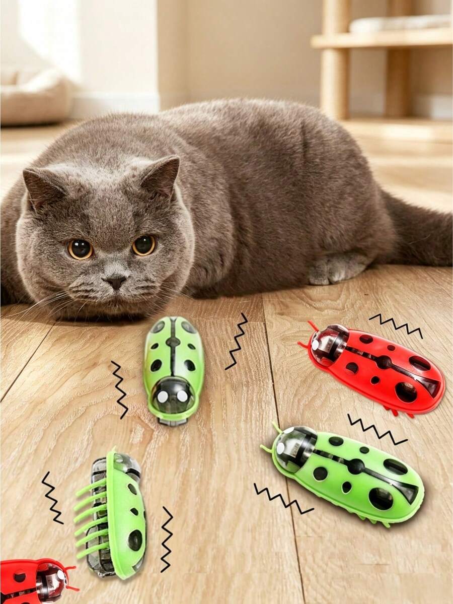 Automatic Vibrating Ladybug Interactive Cat Toy, Random Color, Built-In Replaceable Button Battery, Self-Play Kitten Hunting Toy