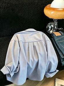 Women's Casual Striped Drop Shoulder Loose Fit Shirt, Women's Summer Sun Protection Shirt - Blue and White - View 8