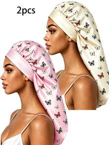 CONFLASS Leopard Print Butterfly Pattern Long Satin Sleep Cap, Loose Elastic Band Silk Hair Bonnet, Extra Large Long Braid Curly Hair Cap, Women's Essential Night Sleep Cap For Back To School - Multicolor - View 17