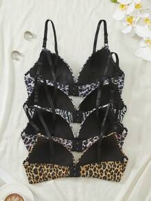 4-Piece Set Of Women's Leopard Print Three-Button Adjustable Shoulder Strap Bra With French Fixed Cups - Multicolor - View 7