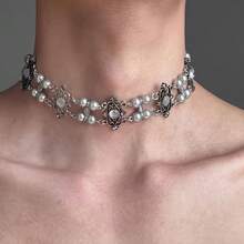 1pc Pearl Vintage Double Layer Tiger Eye Stone Necklace, Minimalist Heavy-Duty Y2K Hot Girl Collarbone Chain - Silver - View 3