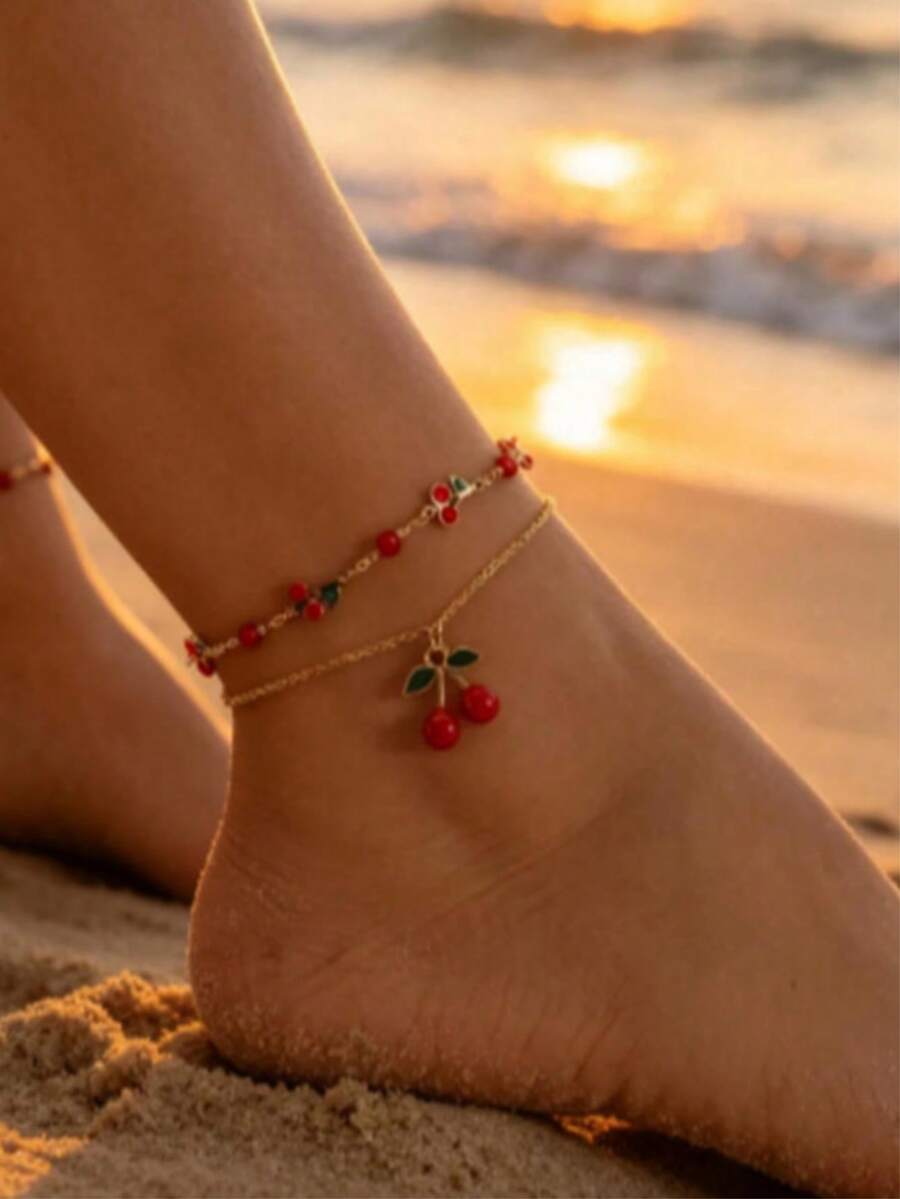 2pcs/Set Gelang Kaki Liontin Ceri Mengkilap Lucu Musim Panas, Gelang Kaki Modis Manis, Cocok untuk Pemakaian Sehari-hari, Pantai, Kencan, Pesta, Buatan Tangan, Susunan Rantai Acak - Merah - View 1