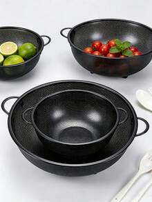 1pc Stainless Steel Black Fine Mesh Colander, Dual Handle Rice Washing Basket, Vegetable And Fruit Strainer, Stainless Steel Rice Sieve, Fine Mesh Design, Suitable For Washing Pasta, Vegetables, Rice, Fruit And Other Ingredients, Multi-Purpose Rice Washing And Vegetable Cleaning Basket, Kitchen Daily Essential, Kitchen Fruit Basket, Kitchen Must-Have, Christmas, Halloween Gift. - Black - View 7