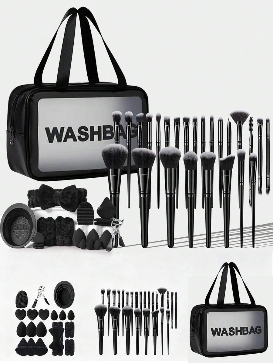1/25/44Pcs All-In-One Makeup Brush & Storage Bag Set, Premium Soft Synthetic Face & Eye Brushes For Foundation, Blush, Highlighter, Eyeshadow And Brow Shaping, Multi-Use Cosmetic Sponges, Reusable Portable Blending Tools For Daily Facial Makeup Appli - Black - View 1
