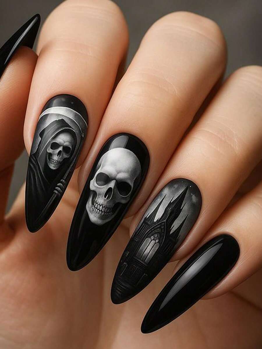 24 piezas de pegatinas de uñas con forma de estrella para Halloween, forma de gota de agua larga con diseño de cabeza hueca estilo punk oscuro, uñas postizas de estilo glamuroso y atrevido, extensiones de uñas removibles con 1 pieza de pegamento de gelatina y 1 pieza de lima de uñas, perfecto para fiestas de vacaciones, accesorio diario, opción de regalo - Multicolor - Ver 1