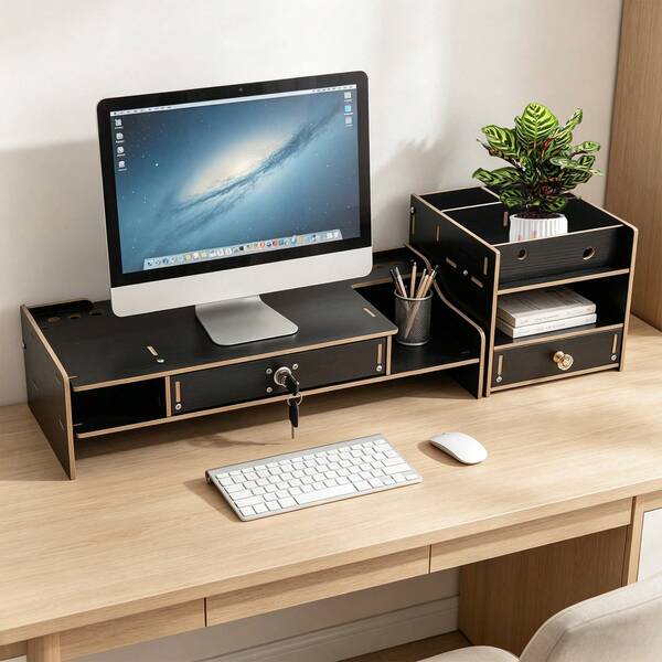 SHIOUCY 2 Etagen Holz-Monitorständer mit Schubladen, Desktop-Monitorständer mit Aufbewahrungsschublade, verstellbarer Monitor-Sockel für den Schreibtisch (Schwarz)