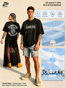 230g Washed Double-Sided Printed Short Sleeve-Shirt, Round Neck Relaxed Fit Casual Tee, Soft Lightweight Versatile Basic Top Daily Wear. - Black - View 5