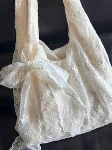 Sac fourre-tout à l'épaule pour femmes, tissu de dentelle brodé de fleurs, décoration de nœud en dentelle transparente, sac à main de style campagnard féerique à grande capacité souple, utilisation quotidienne pour les courses d'été - Blanc - Voir 3