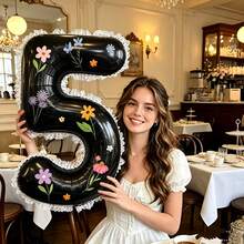 40 Inch Large 0-9 Number Foil Balloon Set, White Lace Decorative Ribbon, DIY Floral Theme Stickers, Suitable For Women's Birthday, Confession, Proposal, Anniversary Party, Wedding, Indoor/Outdoor Holiday Events, Photography Props And More - Black - View 3