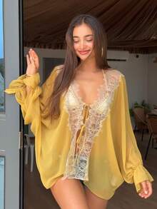 FGGG Women's Spring/Summer Light Yellow Deep V-Neck Lace Patchwork Lantern Sleeve Romantic Casual Commute Vacation Date Chiffon Cover Up - Yellow - View 2
