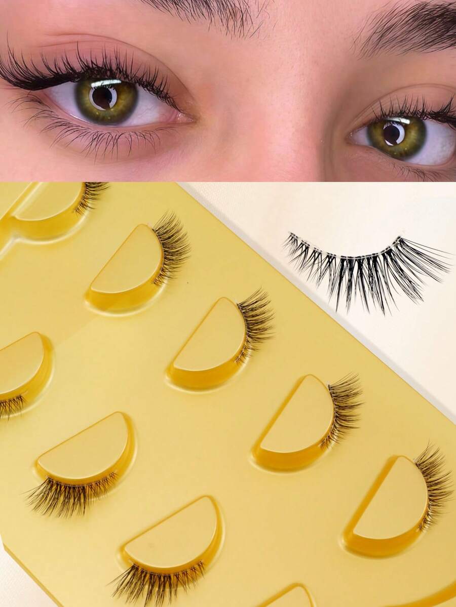 5 paires d'extensions de cils 3D en fourrure de chat à effet œil de renard naturel, bouclés et ailés, avec bande transparente invisible, faux cils confortables et légers pour débutants - Voir 1