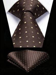 Men's Tie Set, Classic Fashion Tie And Pocket Square Set, Suitable For Weddings, Business And Banquets - Coffee Brown - View 1