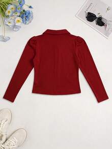 ENGU CO. Fashion Wanita Hot Girl Kasual Gaya Y2K Warna Polos Leher V Kecil Kerah Berkerut Pinggang Ramping Potongan Slim Fit Kaos Lengan Panjang Berkerut Unik - Merah - View 3