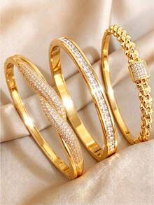 3pcs Assorted Styles Copper & Stainless Steel Bracelet Set, Gold-Plated Everyday Versatile Jewelry, Skin-Tone Friendly, Elegant Inlaid Stackable Bracelets, Brightening Effect, Exquisite Gift For Best Friend, Suitable For Various Style Outfits - Gold - View 7