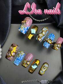 10pcs Handmade Fully Covered Square Nails Press On Nails, Ginger Color Fake Nails,Glossy Cute Y2K Fresh Summer Luxury Reusable,With Jelly Glue&Nail File,Suitable For Daily Beach Birthday Party Cosplay,Girly Shiny Retro Baroque Vacation Manicure Gift - Ginger - View 1
