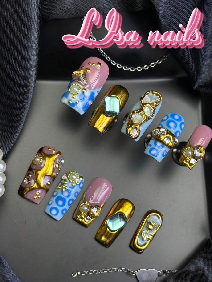 10pcs Handmade Fully Covered Square Nails Press On Nails, Ginger Color Fake Nails,Glossy Cute Y2K Fresh Summer Luxury Reusable,With Jelly Glue&Nail File,Suitable For Daily Beach Birthday Party Cosplay,Girly Shiny Retro Baroque Vacation Manicure Gift - Ginger - View 1